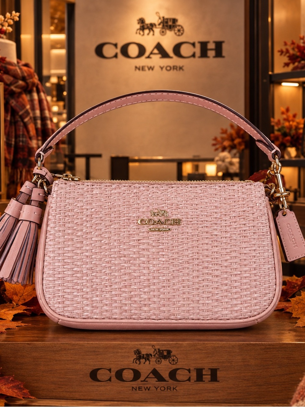 Coach Pink Woven nolita 15 Leather Shoulder Bag with Tassel